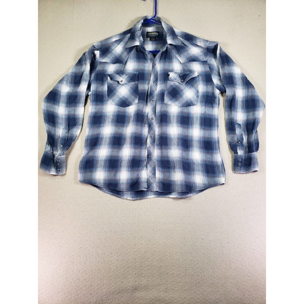 Sandy River Shirt Mens Medium Blue Plaid Button Up Flannel Collared Long Sleeve